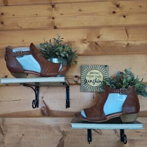 Miz Mooz Corra Shootie Heel Sandal Brown Leather Floral Emboss Slouch Boho 38 EU